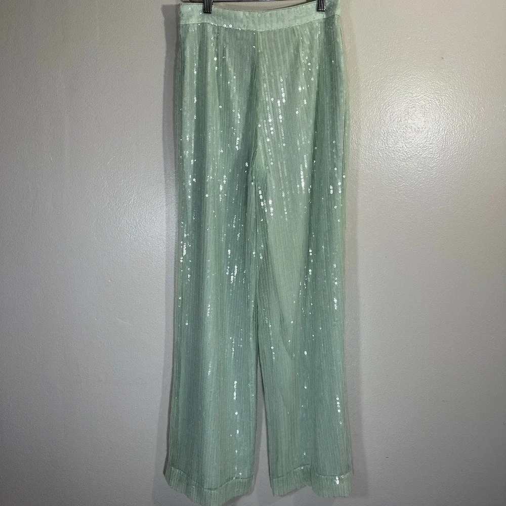 House of Harlow 1960 Womens Size 2 Side Zip Wide Leg Pants Sequin Green New